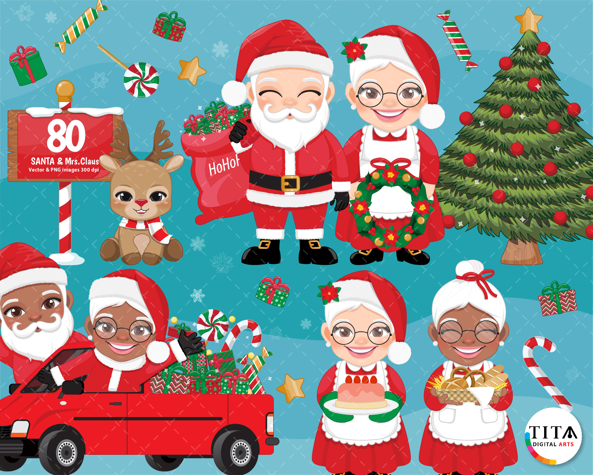 Christmas Clipart and Vector, Santa and Mrs. Claus, Santa & Wife, Santa