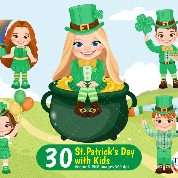 St. Patrick Day Clipart, Saint Patrick Costume Boy and Girl, Red-Headed Girl, Shamrock Clipart, Irish Kids Clipart PNG - 300 dpi