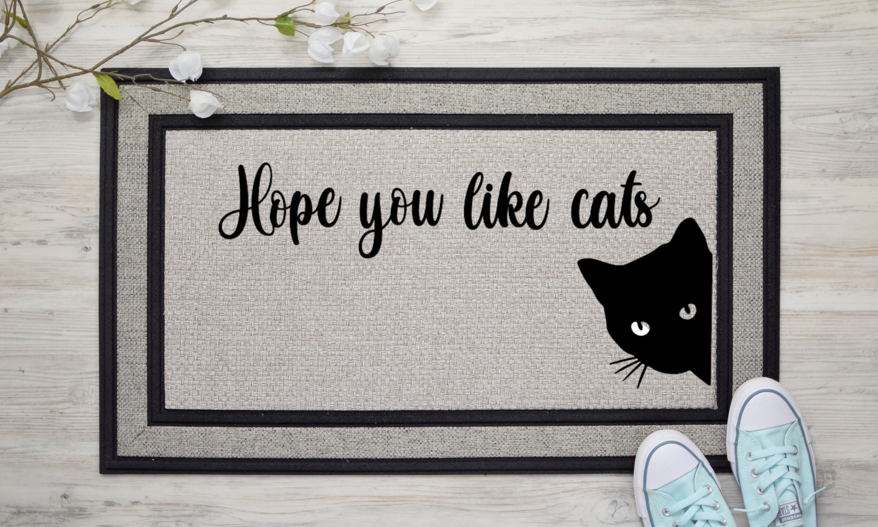 Funny Hope You Like Cats Entryway Outdoor Floor Mat with Heavy-Duty PVC  Backing Non Slip Cursive Natural Coconut Coir Brown Mat with Black Font  23.7 x