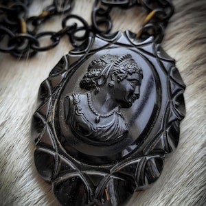 Black Bakelite Mourning Cameo Necklace