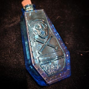 Vintage Wheaton Blue Glass Poison Bottle/Coffin Shape Skull &Cross Bones R.I.P.