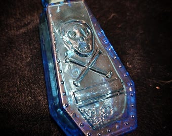 Vintage Wheaton Blue Glass Poison Bottle/Coffin Shape Skull &Cross Bones R.I.P.