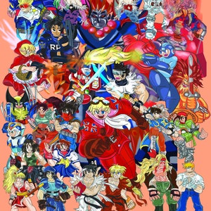 May include: A colorful illustration featuring a variety of cartoon characters, including a red-clad superhero, a blue robot, and a group of warriors. The characters are set against a peach-colored background.