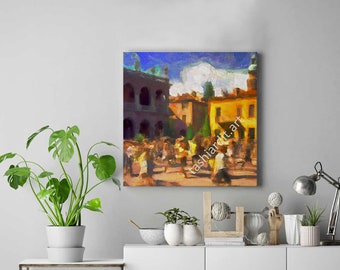 Puede incluir: Una pintura impresionista de una plaza de un pueblo europeo, con edificios en tonos amarillos y naranjas bajo un cielo azul. Figuras de personas son visibles en la plaza. La obra de arte está firmada "tashiardt.art".