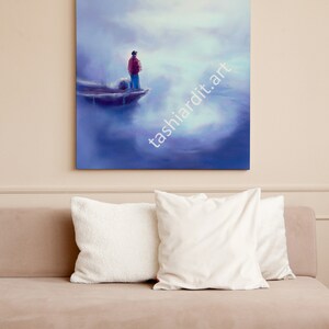 Un uomo su una barca in un mare blu nebbioso, pittura digitale, download digitale, arte stampabile, nebbia marina, pittura a olio, arte AI, mistico