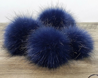 Custom size Navy Blue Faux Fur Pom Poms for crochet crafts hats and beanies Fluffy Pompom 3, 4, 5 or 6 inch with button snap, ties or loop