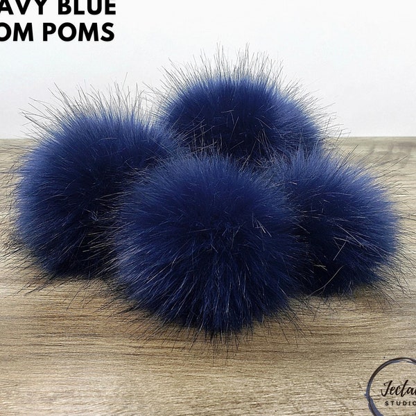 Custom size Navy Blue Faux Fur Pom Poms for crochet crafts hats and beanies Fluffy Pompom 3, 4, 5 or 6 inch with button snap, ties or loop