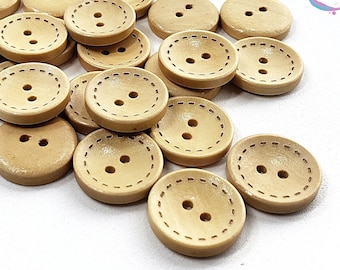 2 Hole Wooden Buttons for sewing handmade crafts, hats and Pom Poms 15, 20, 25mm Round Concave Wood Buttons in Natural Light and Dark Brown