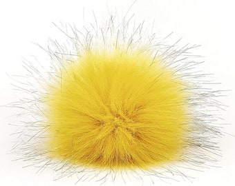 Golden Yellow Faux Fur Pom Pom for knitted hats, beanies, crafts or key chains 4 inch Fake Fur Pom Pon with Snap button, Loop or Tie Strings