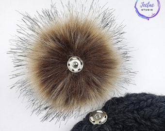 Natural Look Faux Fur Raccoon Pom Poms for crochet crafts Large Fluffy Pompom for knitted hats and beanies 4 inch detachable poms with snap