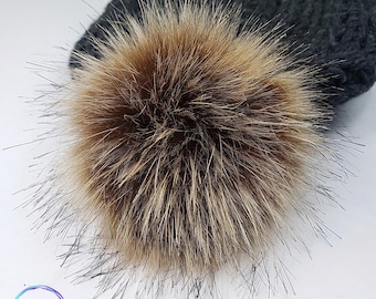 Custom size Raccoon Faux Fur Pom Poms for crochet hats and beanies Natural Looking fur Pompom with button snap, ties or loop 3, 4, 5, 6 inch