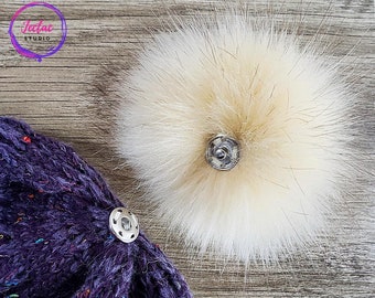 Natural Look Faux Fur Cream Pom Poms with snaps for crochet crafts Large Fluffy Pompom for knitted hats and beanies 4 inch detachable poms