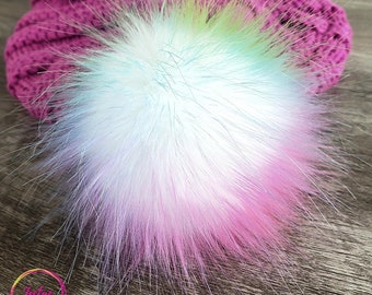 Custom size Rainbow Faux Fur Pom Poms for crochet crafts hats and beanies Fluffy Multicolor Pompom with button snap ties or loop 3 to 6 inch