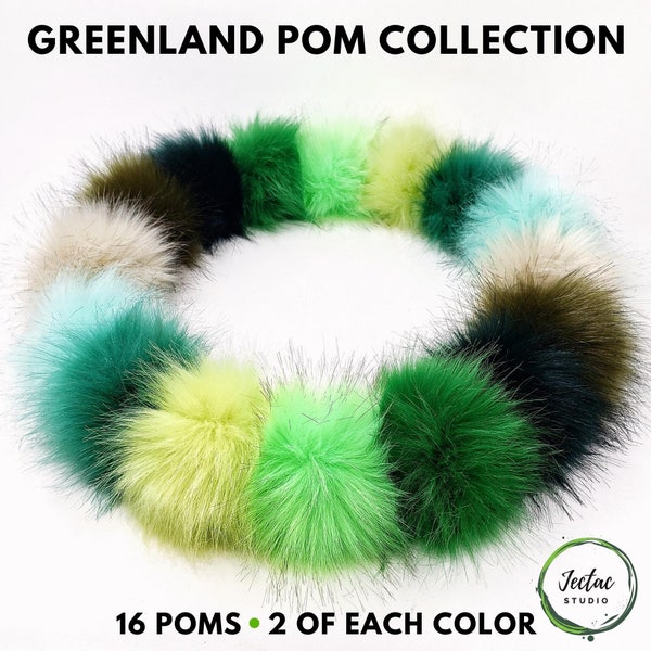 Green Land Faux Fur Pom Poms for hats scarfs crafts and crochet beanies 4 inch PomPom balls in Lime, Army, Chartreuse, Mint and Grass Greens