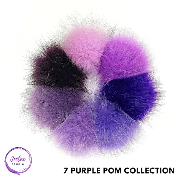 Purple Faux Fur Pom Pom Collection for hats scarfs crafts and crochet beanies 4 inch PomPom balls in Plum Lavender Violet Orchid with loops
