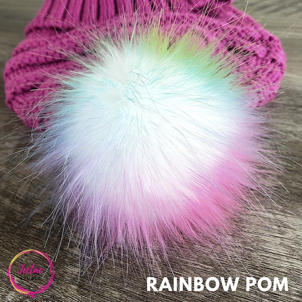 Custom size Rainbow Faux Fur Pom Poms for crochet crafts hats and beanies Fluffy Multicolor Pompom with button snap ties or loop 3 to 6 inch