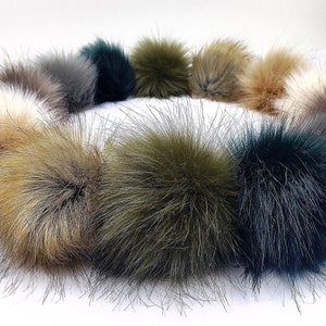 Woodland Colors of Faux Fur Pom Poms for hats scarfs crafts and crochet beanies 4 inch PomPom balls in olive green tan grey cream with loops