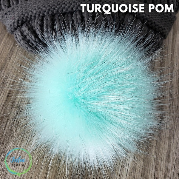 Turquoise Faux Fur Pom Poms for crochet hats and beanies Blue-Green, Aqua 4 inch Fluffy Pompom for keychain and crafts with loop attachment