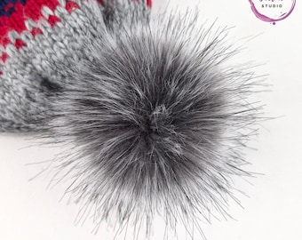 Custom Size Granny Gray Faux Fur Pom Poms for crochet hats & beanies Gray Raccoon Poms with Snap, Ties or Loop in 6, 5, 4 or 3 inch size