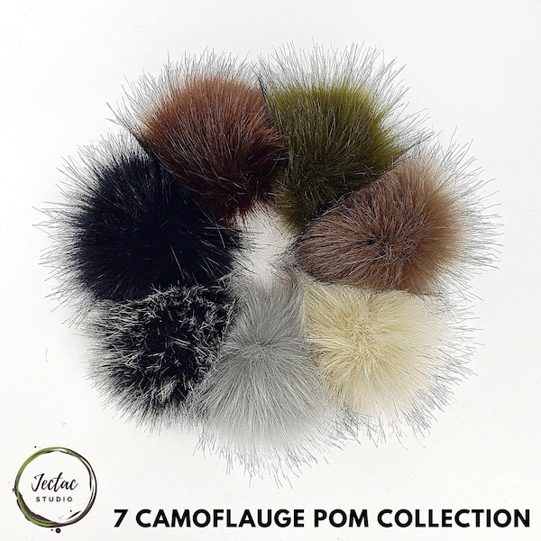 Camouflage Colors Faux Fur Pom Poms for hats scarfs crochet beanies and crafts 4 inch PomPom balls in black grey brown beige with loops