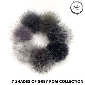 Shades of Gray Collection of Faux Fur Pom Poms for hats and crafts 4 inch Pompons in a variety of dark to light grey with loop ties or snaps