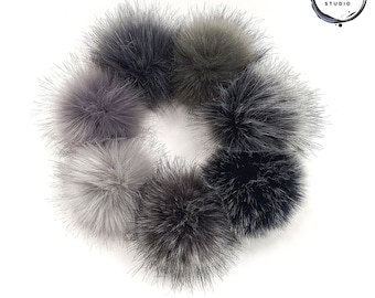 Shades of Gray Collection of Faux Fur Pom Poms for hats and crafts 4 inch Pompons in a variety of dark to light grey with loop ties or snaps