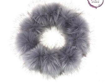 Flint Gray Faux Fox Fur Pom Poms for Crochet Hats & Beanies 4 inch Light Gray Artificial Fur Pom Poms with Snap, Tie Strings or Loops