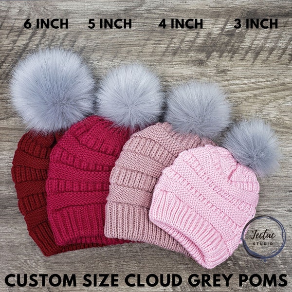 Custom size Light Grey Faux Fur Pom Poms for crochet crafts hats and beanies Fluffy Pompom 3, 4, 5 or 6 inch with button snap, ties or loop