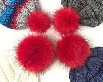 Custom Size Cherry Red Faux Fox Fur Pom Poms for crochet hats Detachable Bright Red Poms with Snap, Ties or Loop in 6, 5, 4 or 3 inch size