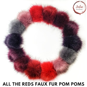 Large Red Faux Fur Pom Poms for hats, scarfs, crafts and crochet beanies 4 inch PomPom balls in Red Burgandy Maroon Dark Purple Pink or Grey