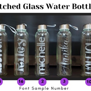 Personalized Etch Glass Reusable 18 oz Water Juice bottle with Name, Monogram or Logo add matching sleeve or upgrade to complete Gift Set