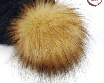 Luxury Red Fox Faux Fur Pom Pom Large Natural Fur Look Poms for hats beanies and crafts Detachable Pom with Loop, Snap button or Tie Strings