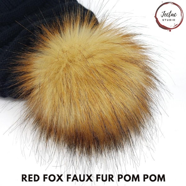 Luxury Red Fox Faux Fur Pom Pom Large Natural Fur Look Poms for hats beanies and crafts Detachable Pom with Loop, Snap button or Tie Strings