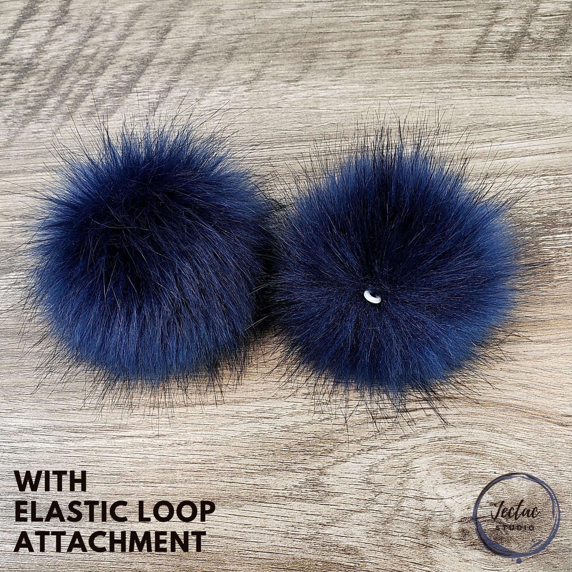 Custom Size Navy Blue Faux Fur Pom Poms for Crochet Crafts Hats and Beanies  Fluffy Pompom 3, 4, 5 or 6 Inch With Button Snap, Ties or Loop 