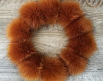 Burnt Orange Rust Faux Fur Pom Poms for crochet crafts 4 inch Copper Color Pom for knitted hats & Beanies Detachable with Elastic Loop