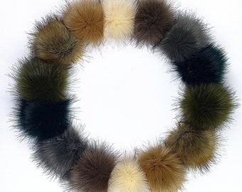 Woodland Colors of Faux Fur Pom Poms for hats scarfs crafts and crochet beanies 4 inch PomPom balls in olive green tan grey cream and browns