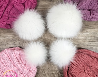 Custom size Natural White with Black Tips Faux Fox Fur Pom Poms for Beanie Hats and Crafts Choose Snap, Tie Strings or Loop Attachment