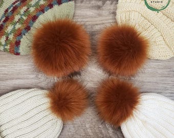 Custom size Burnt Orange Rust Color Faux Fox Fur Pom Poms for Beanie Hats and Crafts Choose Snap, Tie Strings or Loop Attachment