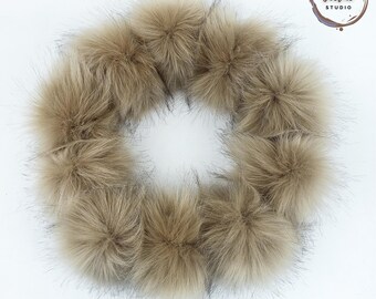 Khaki Tan Faux Fur Pom Poms for Knitted Beanie Hats and Crafts 4 inch Medium Size Light Brown Fake Fur Poms with Snaps Loops or Tie Strings