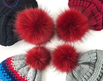 Custom size Ruby Red Faux Fur Pom Poms for crochet crafts, hats and beanies Large 6" to Small 3" Burgundy Red Poms with snap, ties or loop