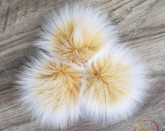 Yellow Faux Fur Pom Pom with white spikes Fluffy Fake Fur Poms for crochet hats beanies and scarfs Detachable with Loop, Snap button or ties