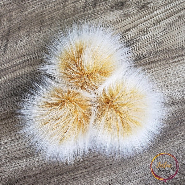 Yellow Faux Fur Pom Pom with white spikes Fluffy Fake Fur Poms for crochet hats beanies and scarfs Detachable with Loop, Snap button or ties