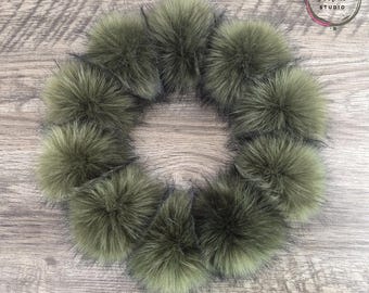 Army Olive Green Faux Fox Fur Pom Poms for Crochet Hats & Beanies 4 inch Artificial Fur Pom Poms, Detachable Poms with Snap, Ties or Loops