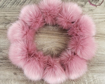 Mauve Pink Faux Fur Pom Poms for knitted beanies hats and crafts 4 inch Medium Size Light Pink Fake Fur Poms with Snaps Loops or Tie Strings