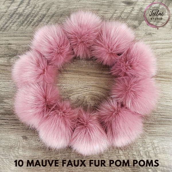 Mauve Pink Faux Fur Pom Poms for knitted beanies hats and crafts 4 inch Medium Size Light Pink Fake Fur Poms with Snaps Loops or Tie Strings