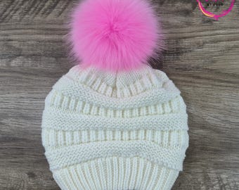 Custom Size Bubblegum Pink Faux Fur Pom Poms for crochet hats & beanies Fluffy Pink Poms with Snap, Ties or Loop in 6, 5, 4 or 3 inch size
