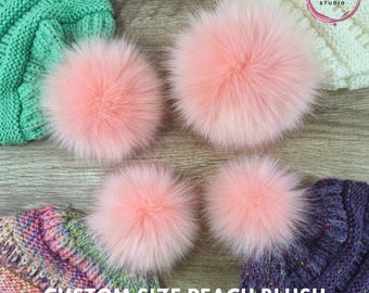 Custom Size Peach Blush Faux Fur Pom Poms for crochet hats & beanies Fluffy Pink Poms with Snap, Ties or Loop in 6, 5, 4 or 3 inch size