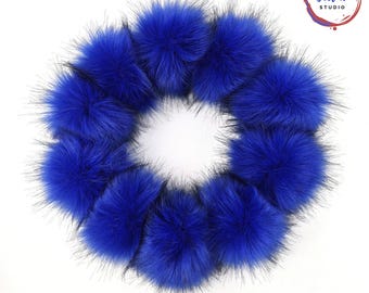 Royal Blue Faux Fox Fur Pom Poms for Crochet Hats & Beanies 4 inch Artificial Fur Pom Poms, Detachable Poms with Snap, Tie Strings or Loops