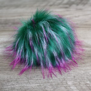 Luxury Pink and Green Pom Pom Large Faux Fur Pompom with spikes of white Fluffy long pile faux fur pom for hats, craft and fashion accessory