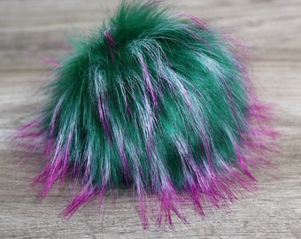 Luxury Pink and Green Pom Pom Large Faux Fur Pompom with spikes of white Fluffy long pile faux fur pom for hats, craft and fashion accessory